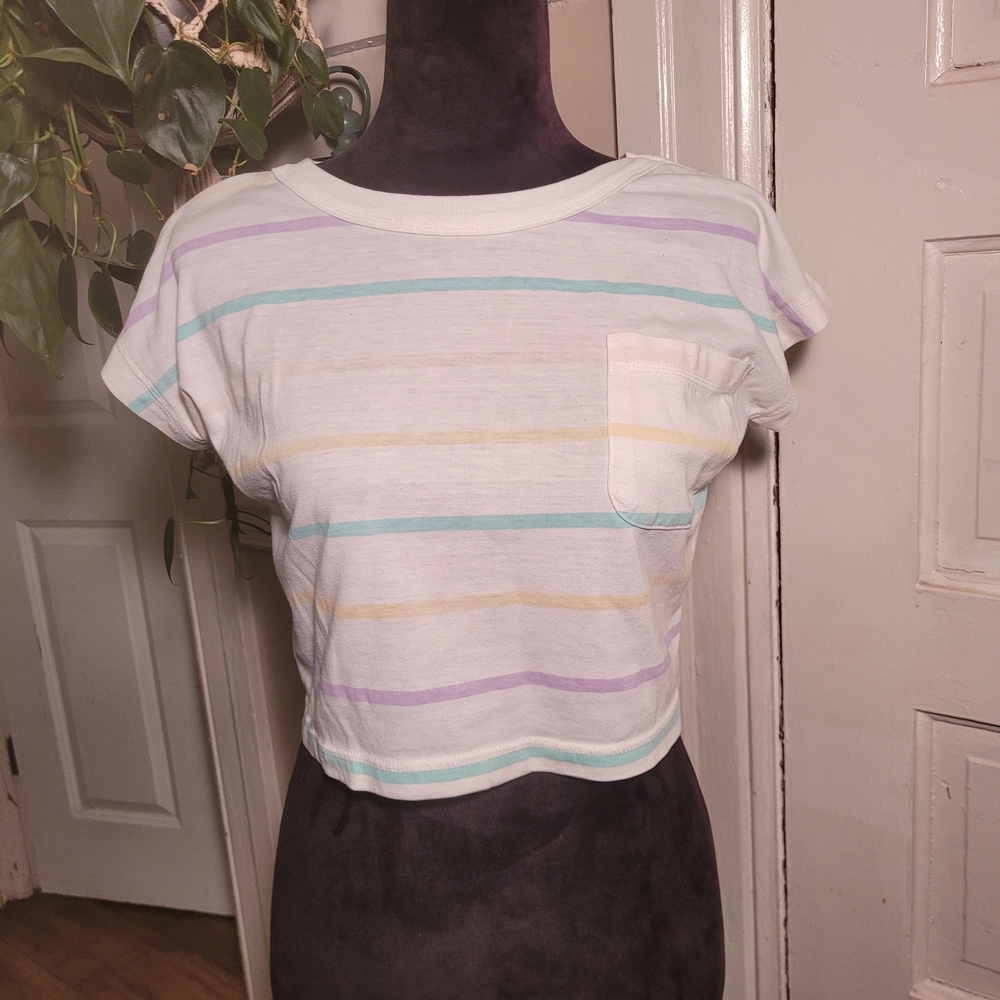 Vtg JAMIE SCOTT 90s S/M Pastel Striped Crop Top